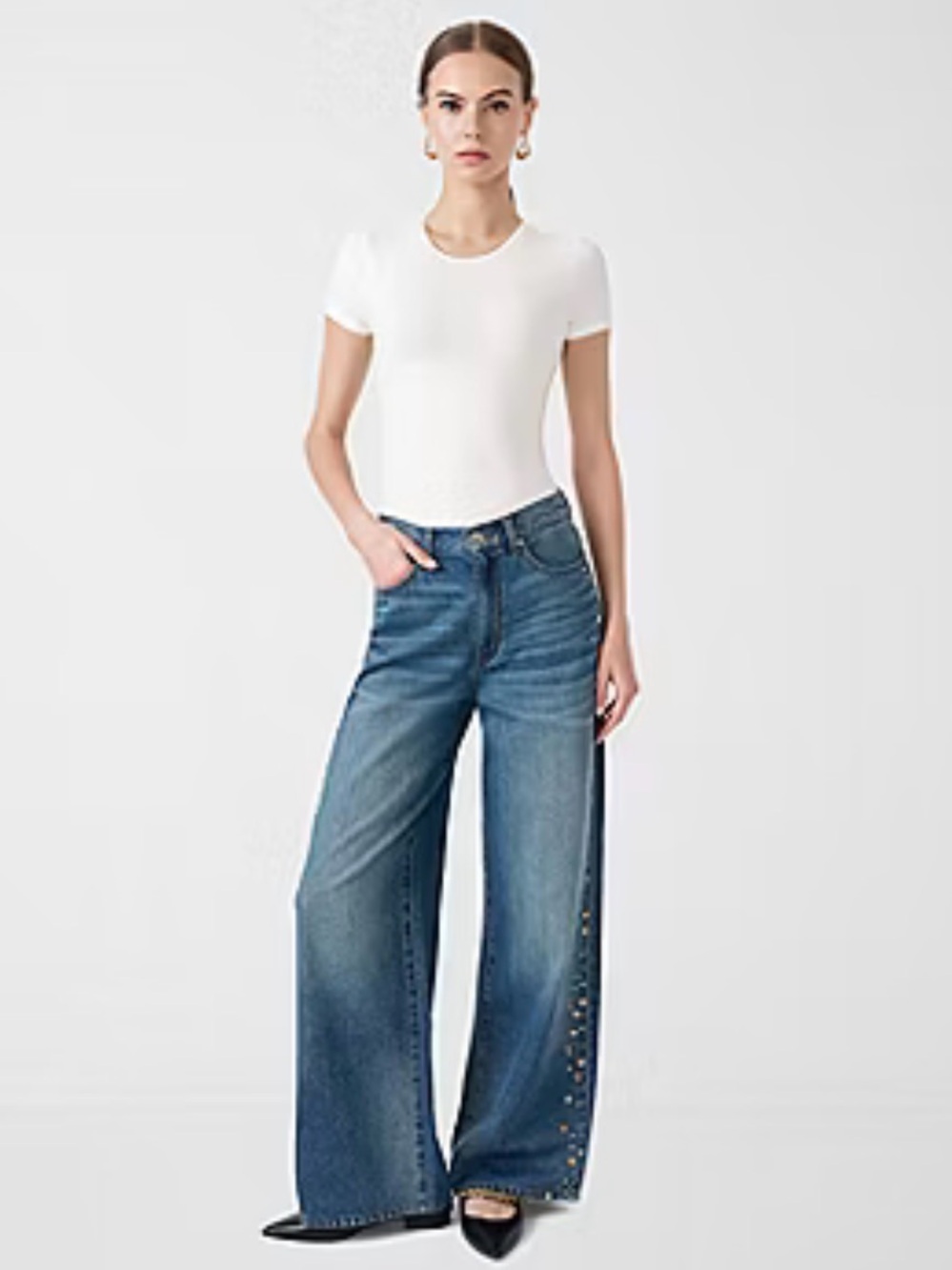 Rebecca Minkoff Blue High-Rise Wide-Leg Jeans with Stud Trim